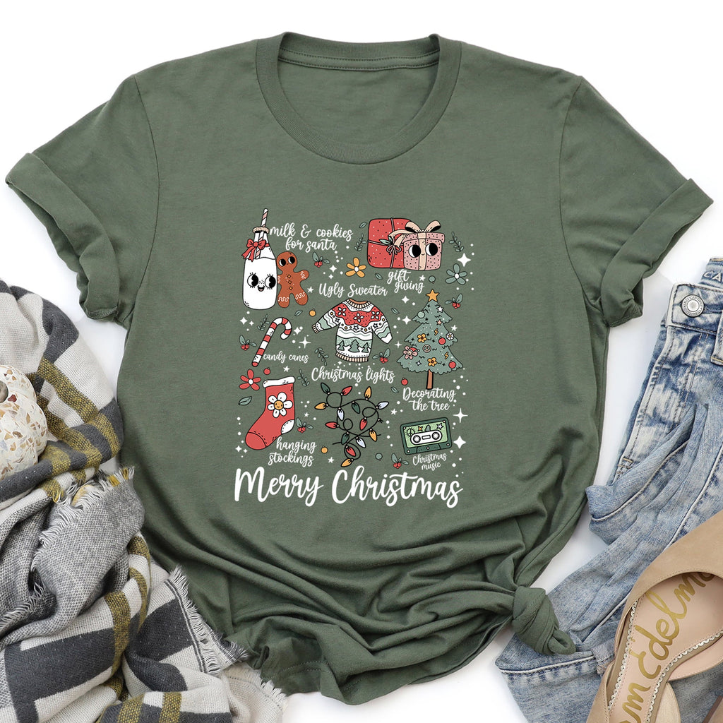 Merry Christmas Doodles Santa Stockings Tree Retro Cozy Vintage Holiday Illustration Graphic Tee
