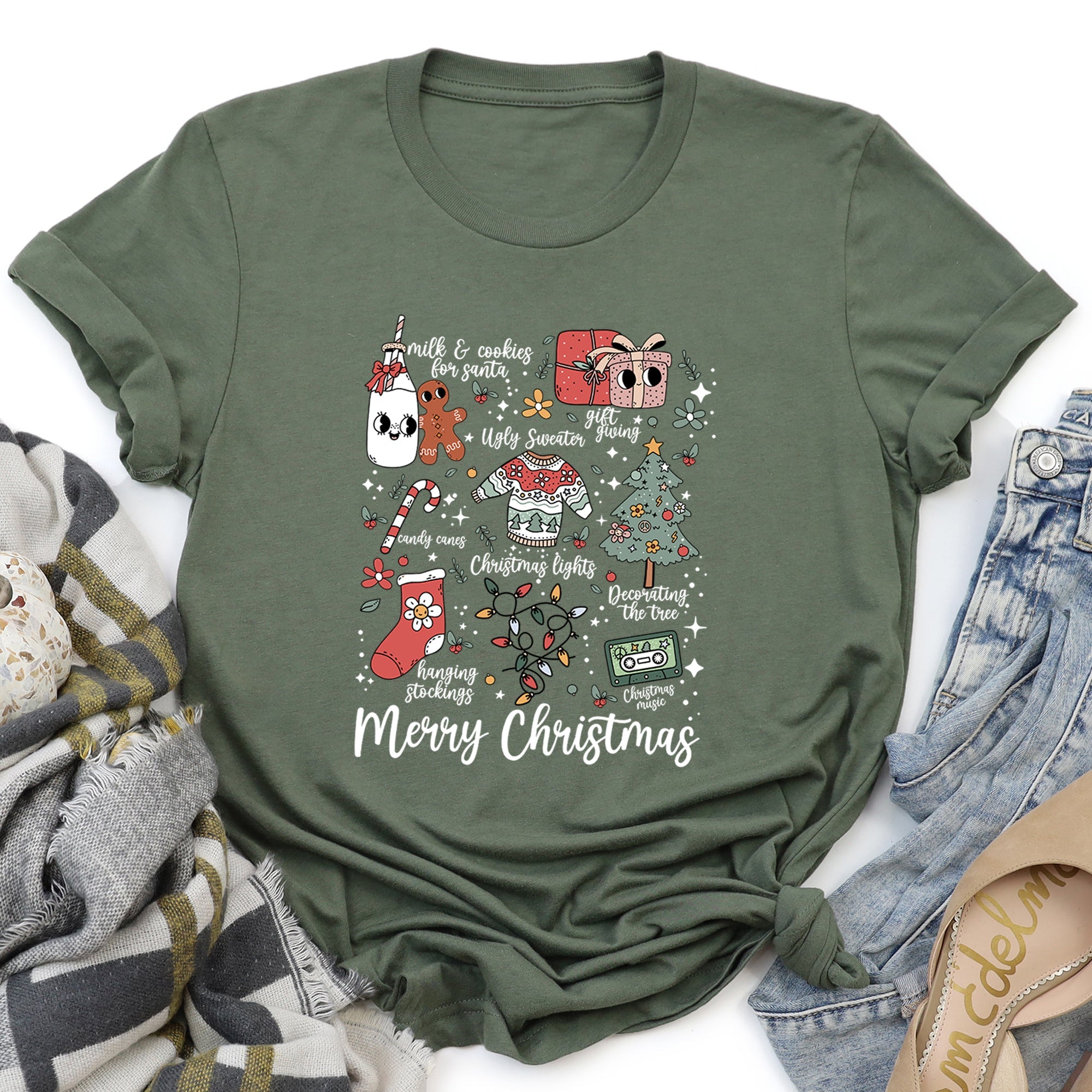 Merry Christmas Doodles Santa Stockings Tree Retro Cozy Vintage Holiday Illustration Graphic Tee