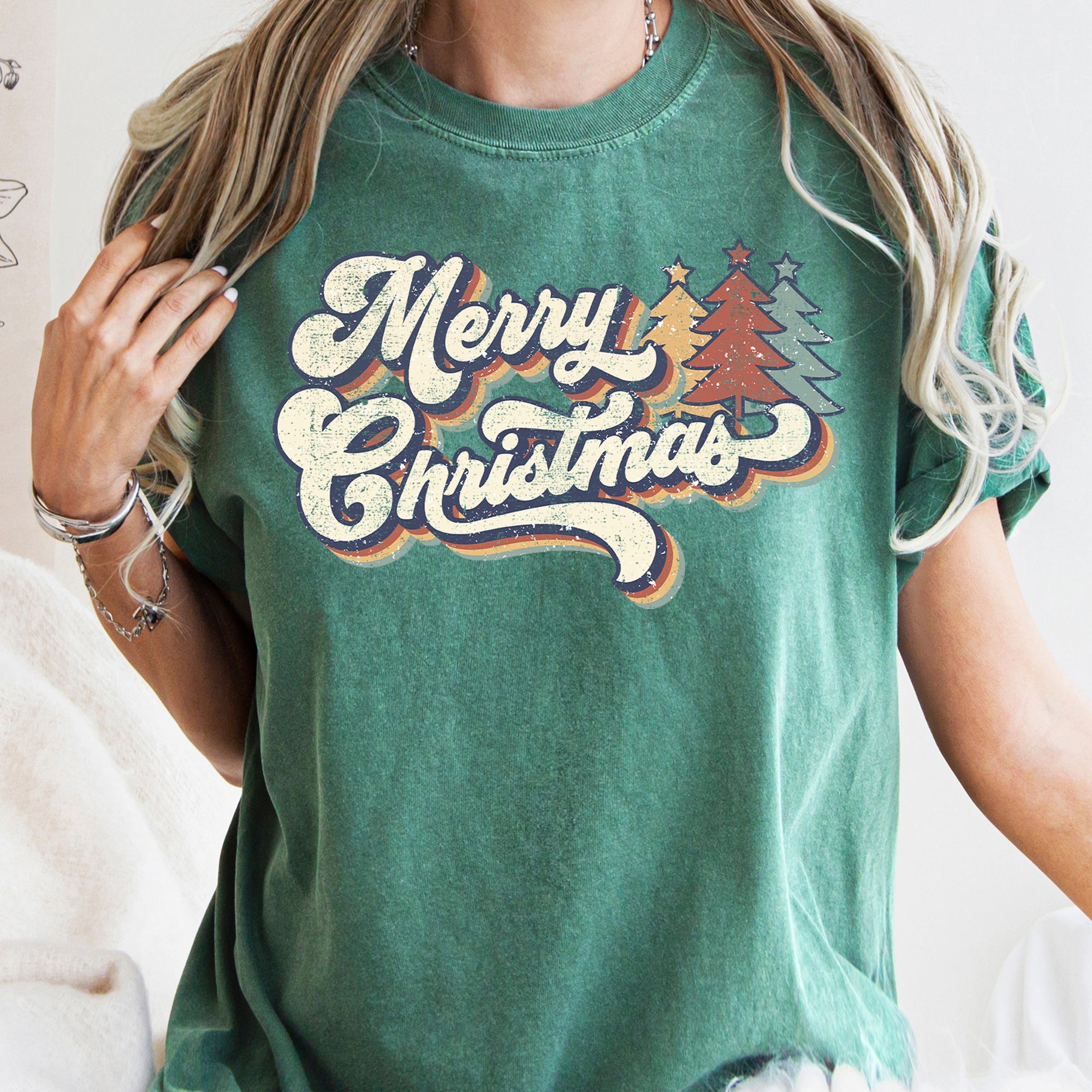Merry Christmas Retro Trees Stacked Lettering Classic Design Edition Comfort Colors Tee