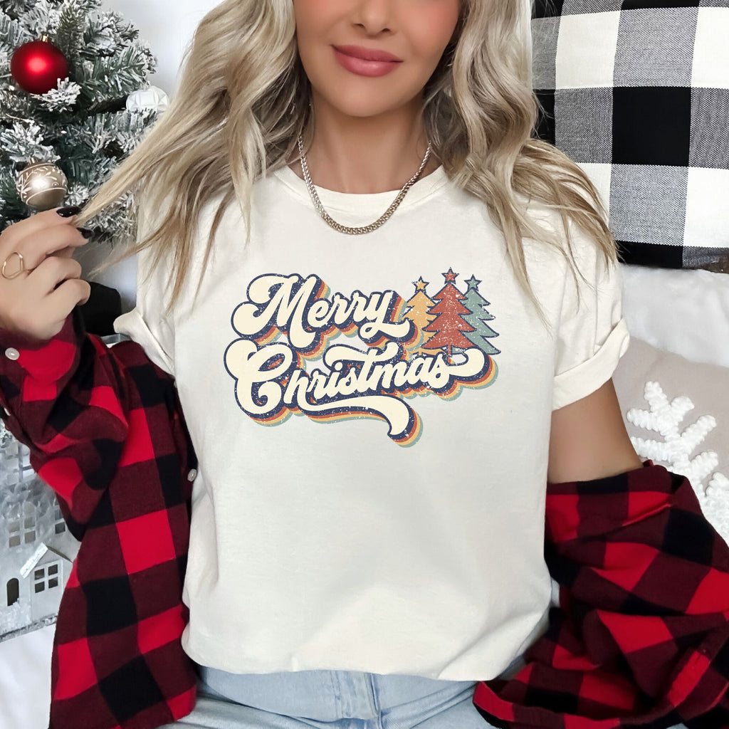 Merry Christmas Retro Trees Stacked Lettering Classic Design Vintage Edition Graphic Tee