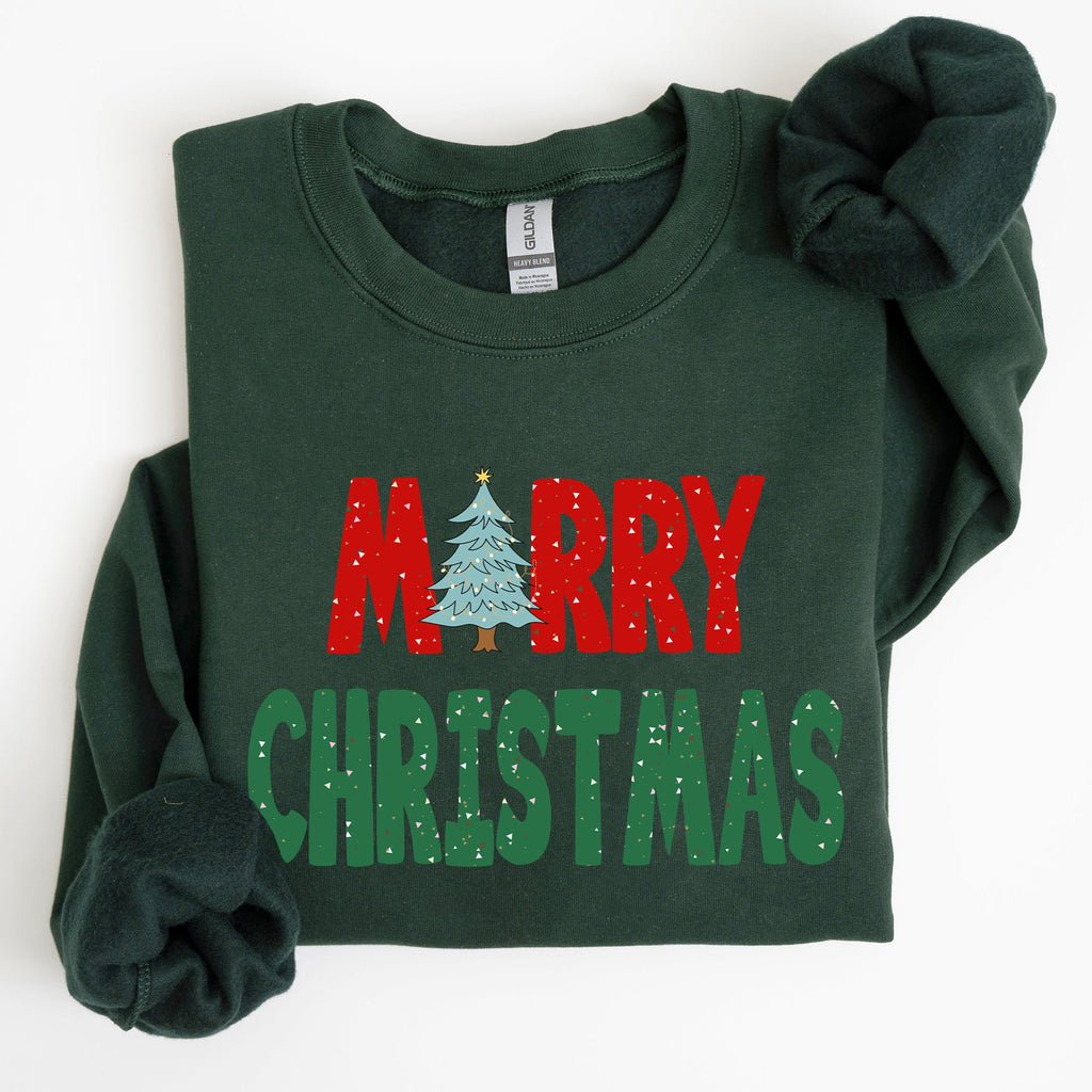 Merry Christmas Tree Vintage Retro Winter Santa Xmas Cozy Festive Holiday Cheer Family Gathering Night Sky Sweatshirt