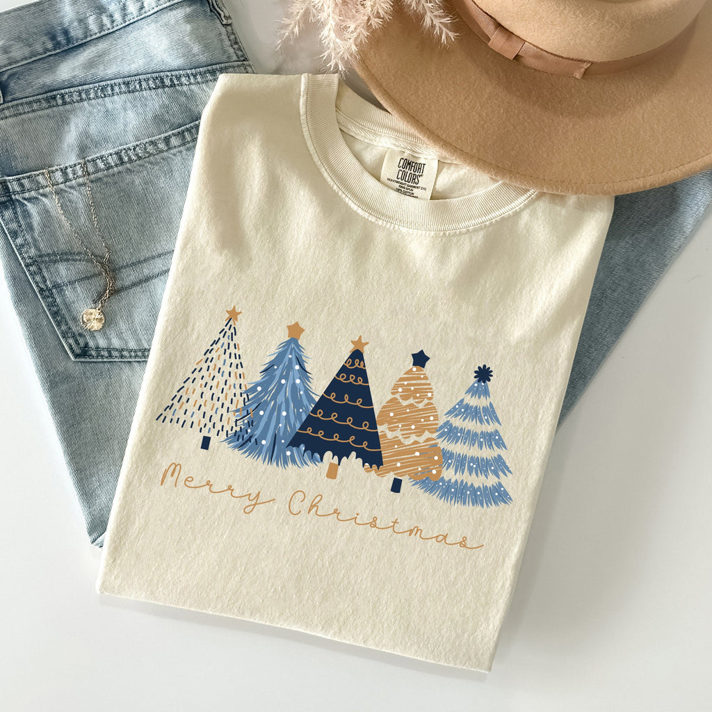 Merry Christmas Trees Winter Scene Gold Snow Santa Xmas Holiday Edition Comfort Colors Tee