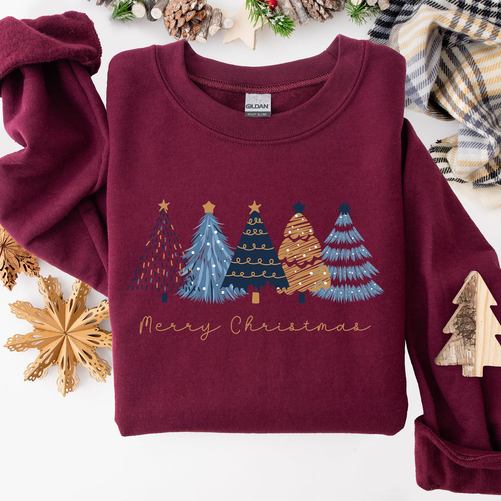 Merry Christmas Trees Winter Gold Foil Snow Santa Xmas Festive Holiday Decor Artwork Sweatshirt