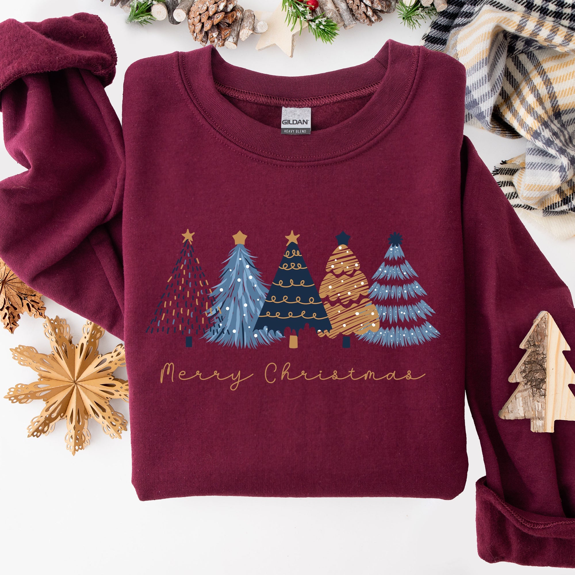Merry Christmas Trees Winter Gold Foil Snow Santa Xmas Festive Holiday Decor Artwork Sweatshirt