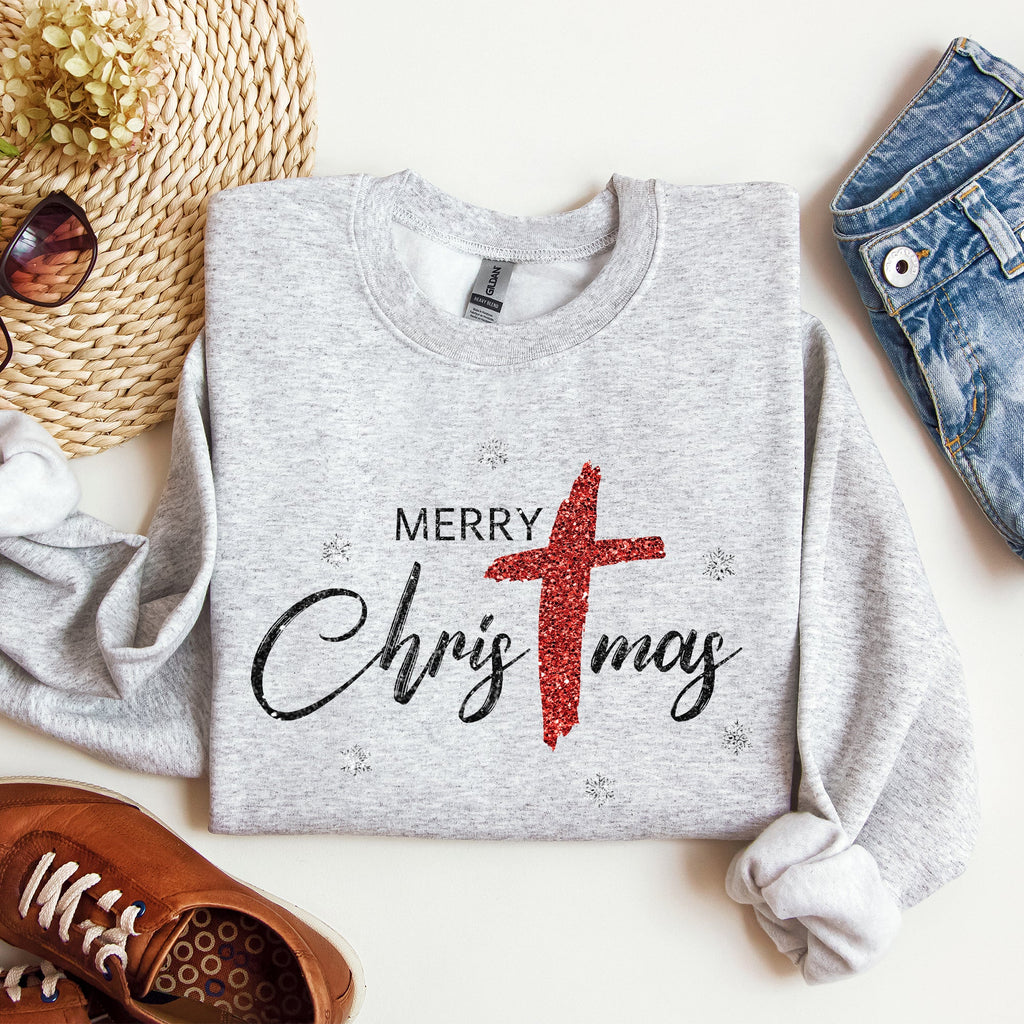 Merry Christmas Christ Faux Glitter Religious Gospel Faith Holiday Season Sweatshirt