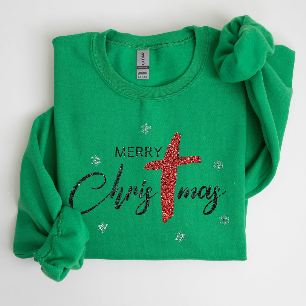 Merry Christmas Christ Faux Glitter Religious Gospel Faith Holiday Season Sweatshirt