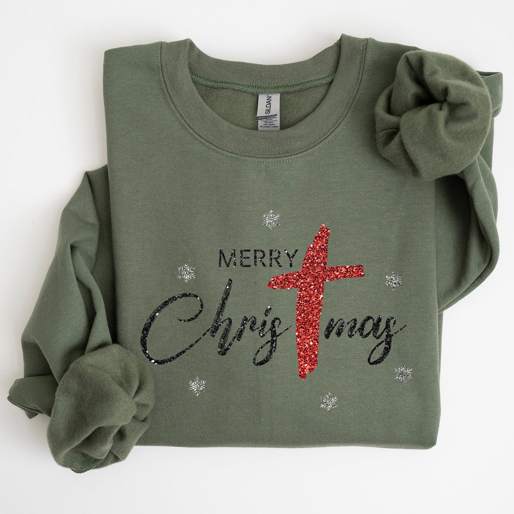 Merry Christmas Christ Faux Glitter Religious Gospel Faith Holiday Season Sweatshirt