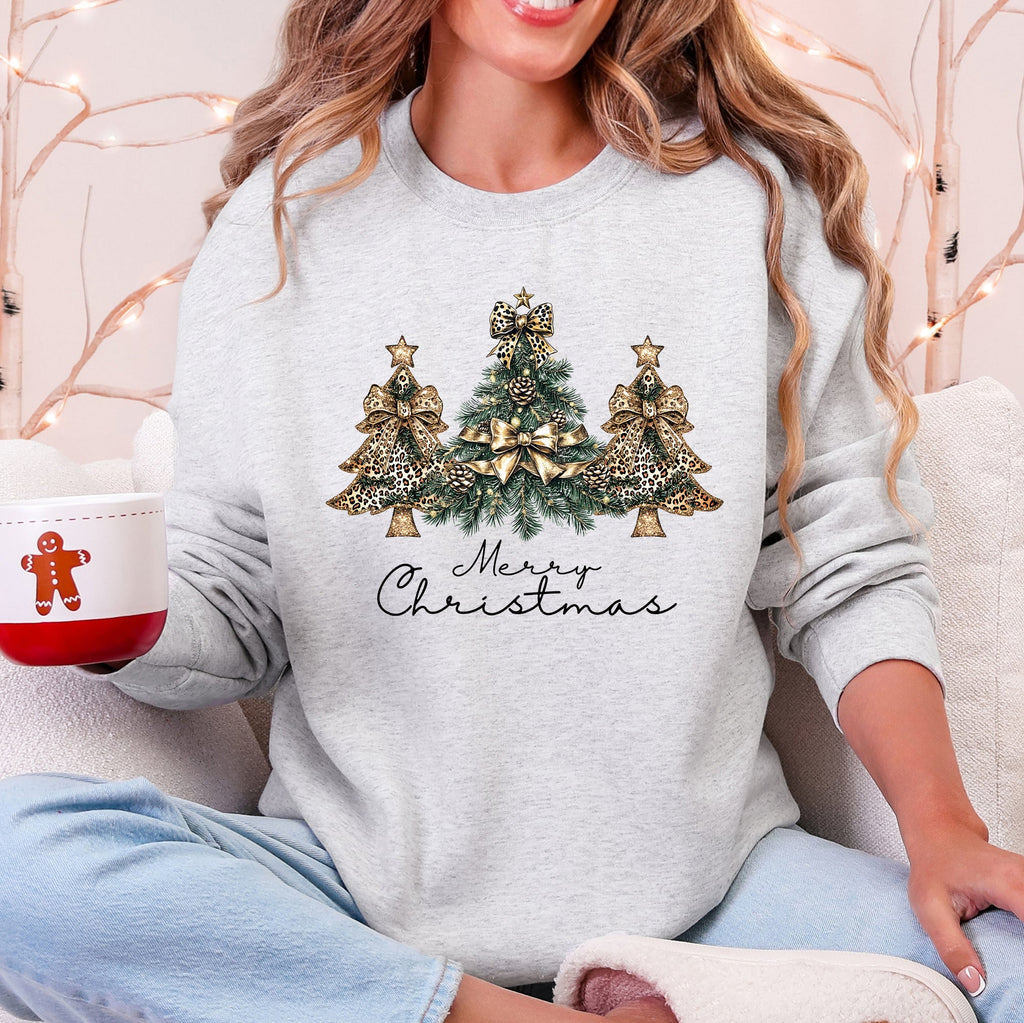Merry Christmas, Christmas Trees, Ribbons, Bows Illustrated Design Pattern Sweatshirt