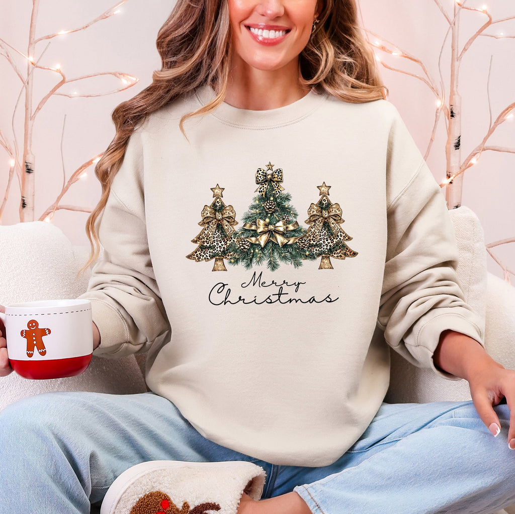 Merry Christmas, Christmas Trees, Ribbons, Bows Illustrated Design Pattern Sweatshirt