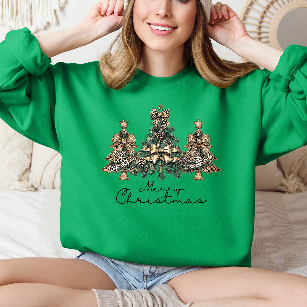Merry Christmas, Christmas Trees, Ribbons, Bows Illustrated Design Pattern Sweatshirt