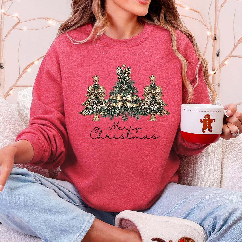 Merry Christmas, Christmas Trees, Ribbons, Bows Illustrated Design Pattern Sweatshirt