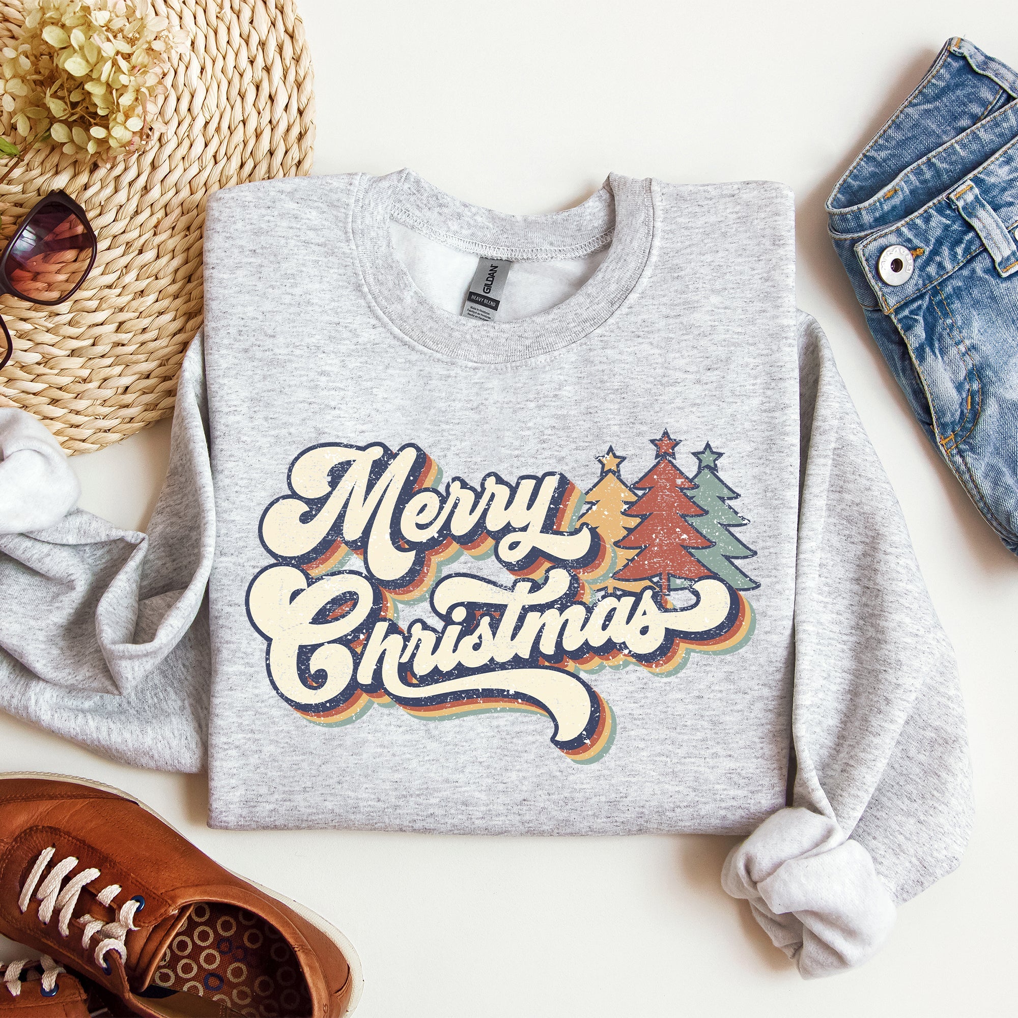 Merry Christmas Colorful Retro Santa Claus Graphic Holiday Season Celebration Edition Sweatshirt