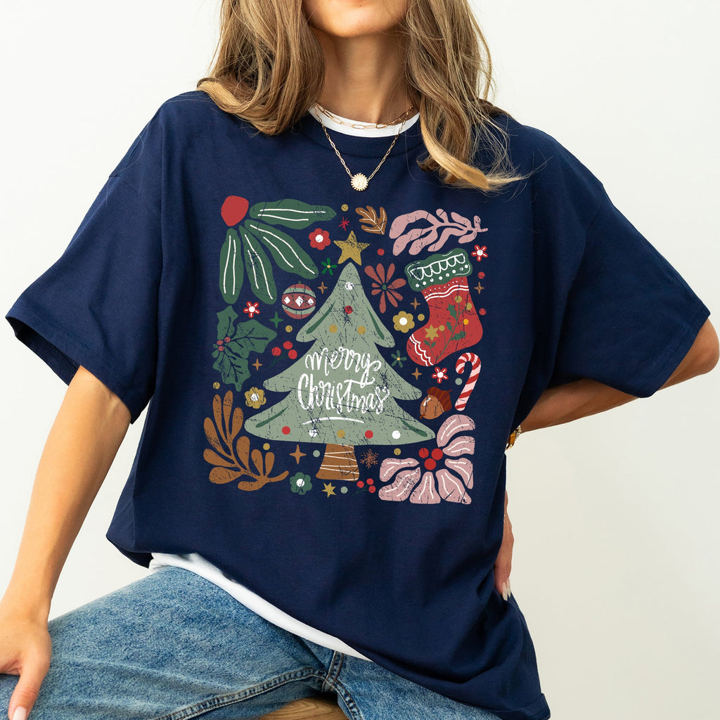 Merry Christmas Green Floral Flowers Winter Holiday Garden Motif Classic Keepsake Comfort Colors Tee
