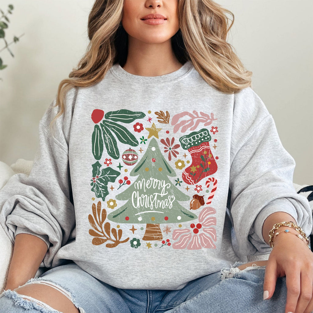 Merry Christmas Green Floral Pattern Emblazoned With Classic Holiday Flowers Sweatshirt