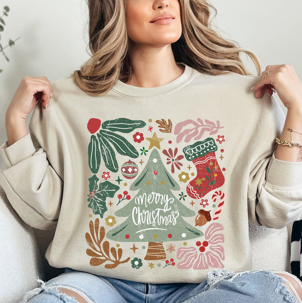 Merry Christmas Green Floral Pattern Emblazoned With Classic Holiday Flowers Sweatshirt