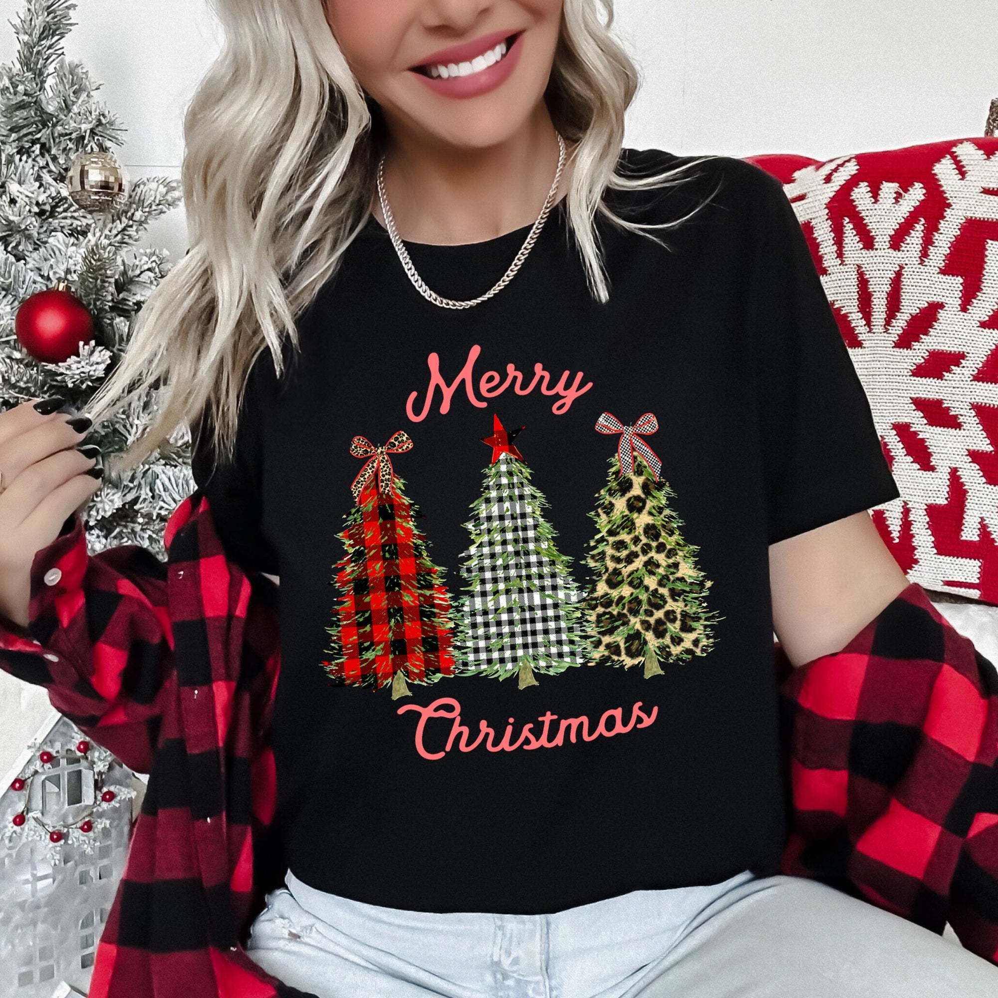 Merry Christmas Leopard Print And Plaid Trees With Ribbons Graphic Tee