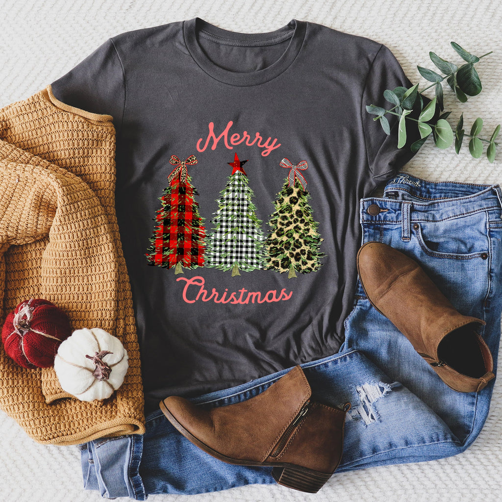 Merry Christmas Leopard Print And Plaid Trees With Ribbons Graphic Tee