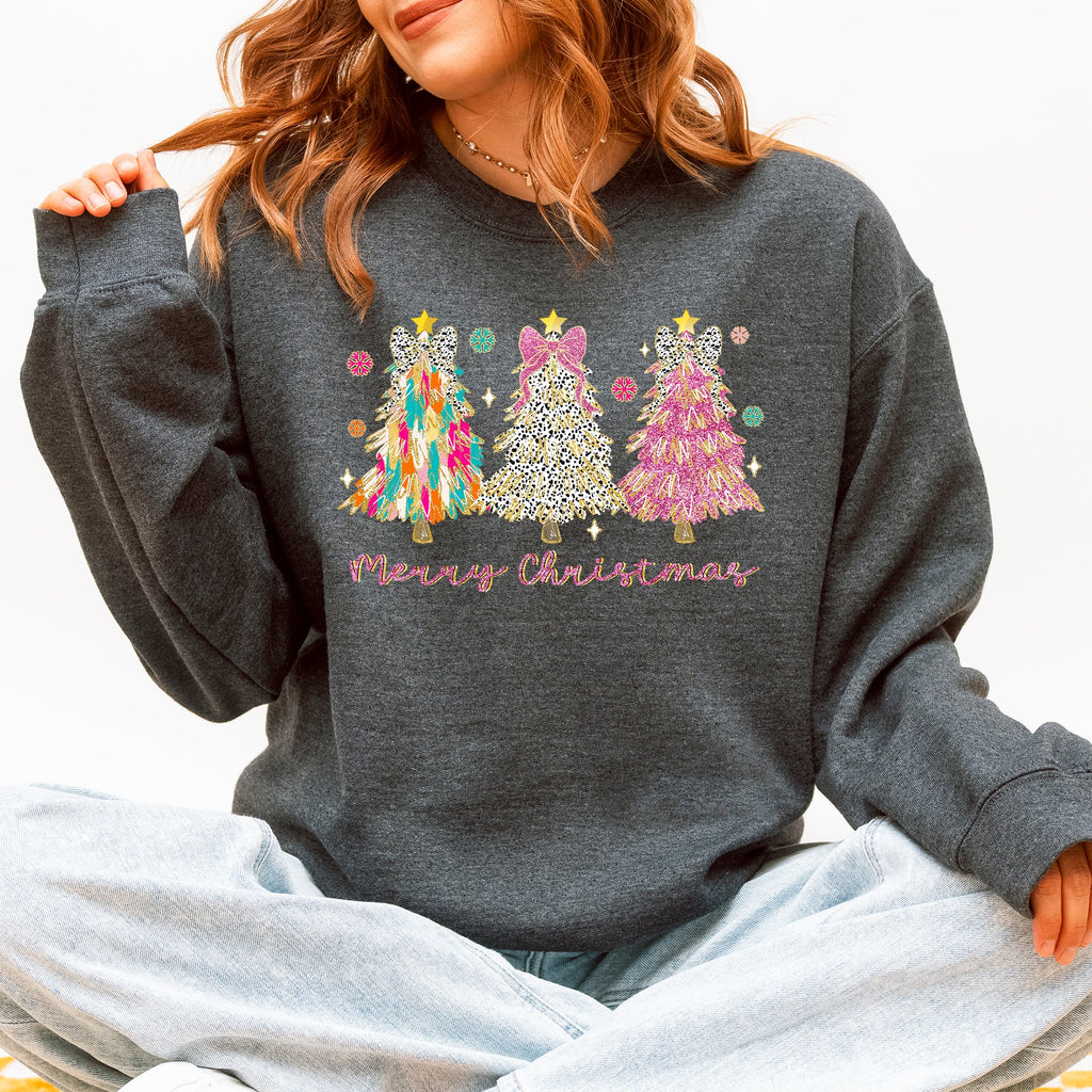 Merry Christmas Pastel Christmas Trees Santa Colorful Painting Holiday Scene Sweatshirt