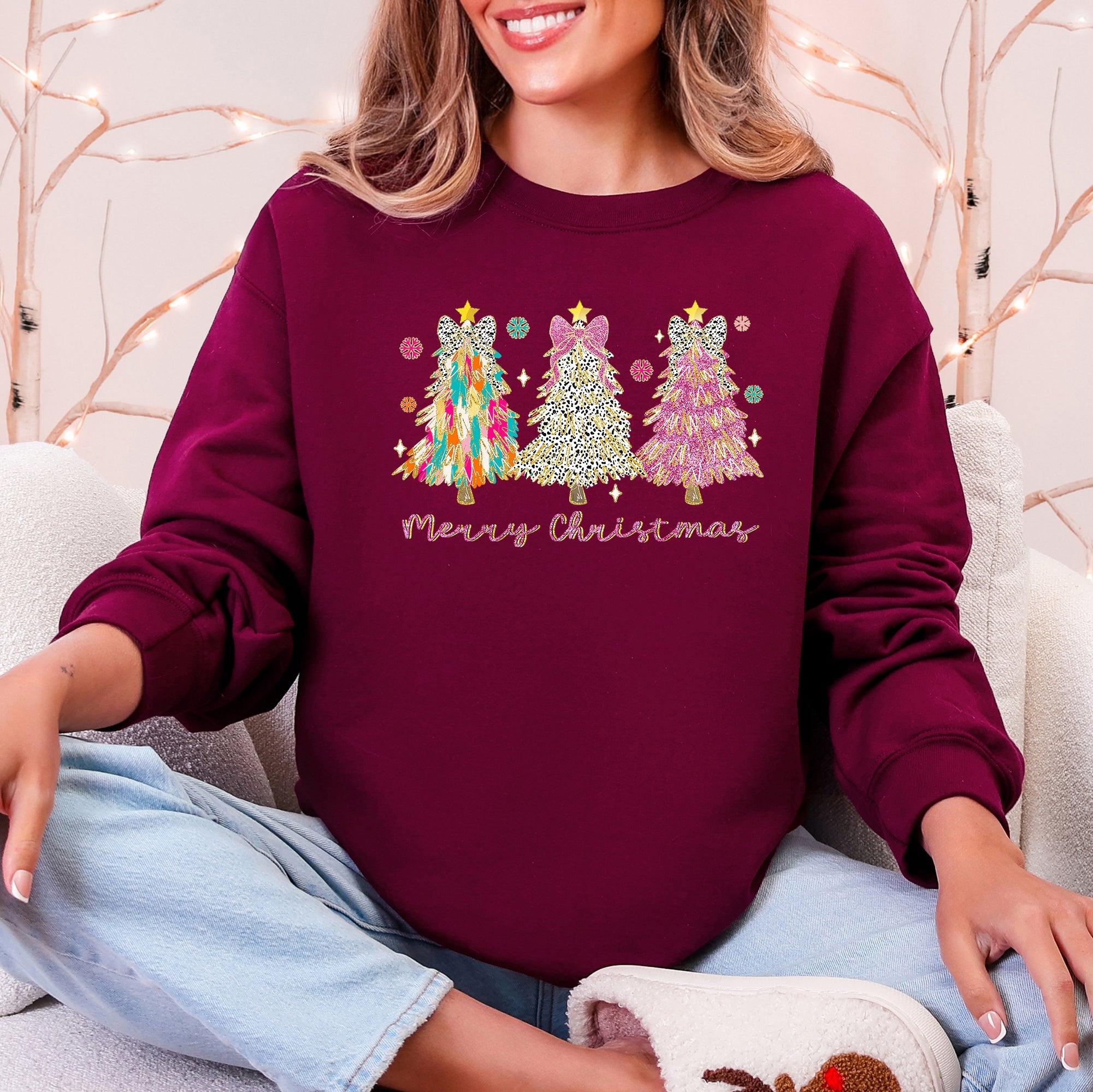 Merry Christmas Pastel Christmas Trees Santa Colorful Painting Holiday Scene Sweatshirt