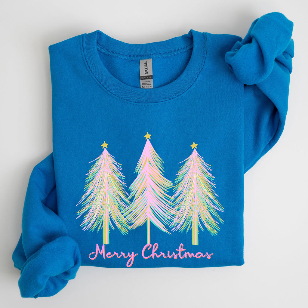 Merry Christmas Pastel Trees Winter Santa Xmas Seasonal Festive Cozy Graphic Sweatshirt