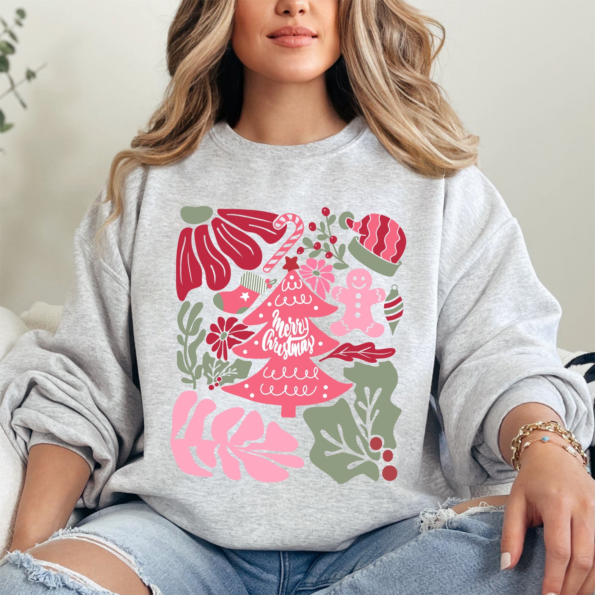 Merry Christmas Pink Floral Festive Garden Bouquets With Winter Snowflakes And Holiday Cheer Sweatshirt