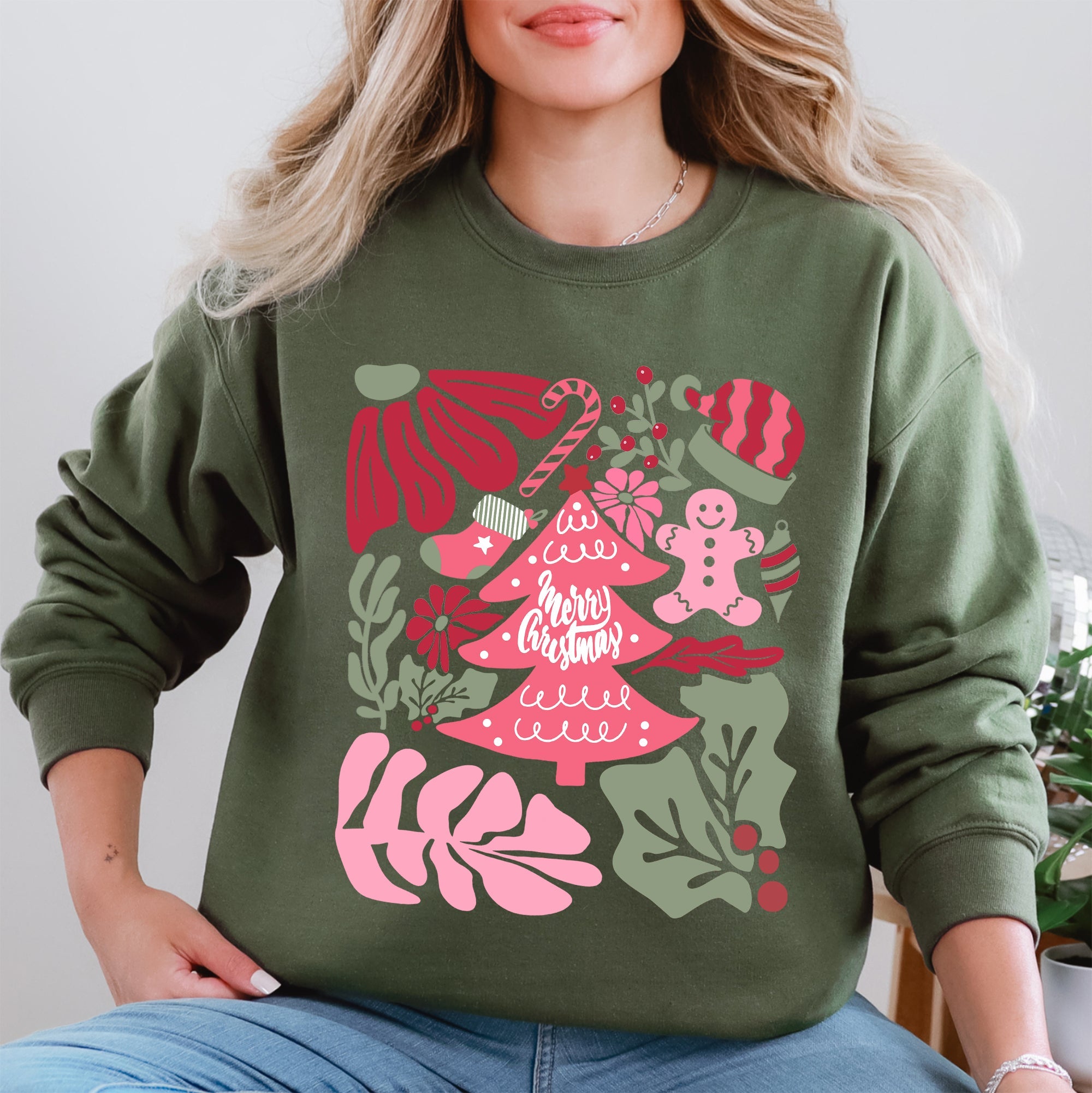 Merry Christmas Pink Floral Festive Garden Bouquets With Winter Snowflakes And Holiday Cheer Sweatshirt