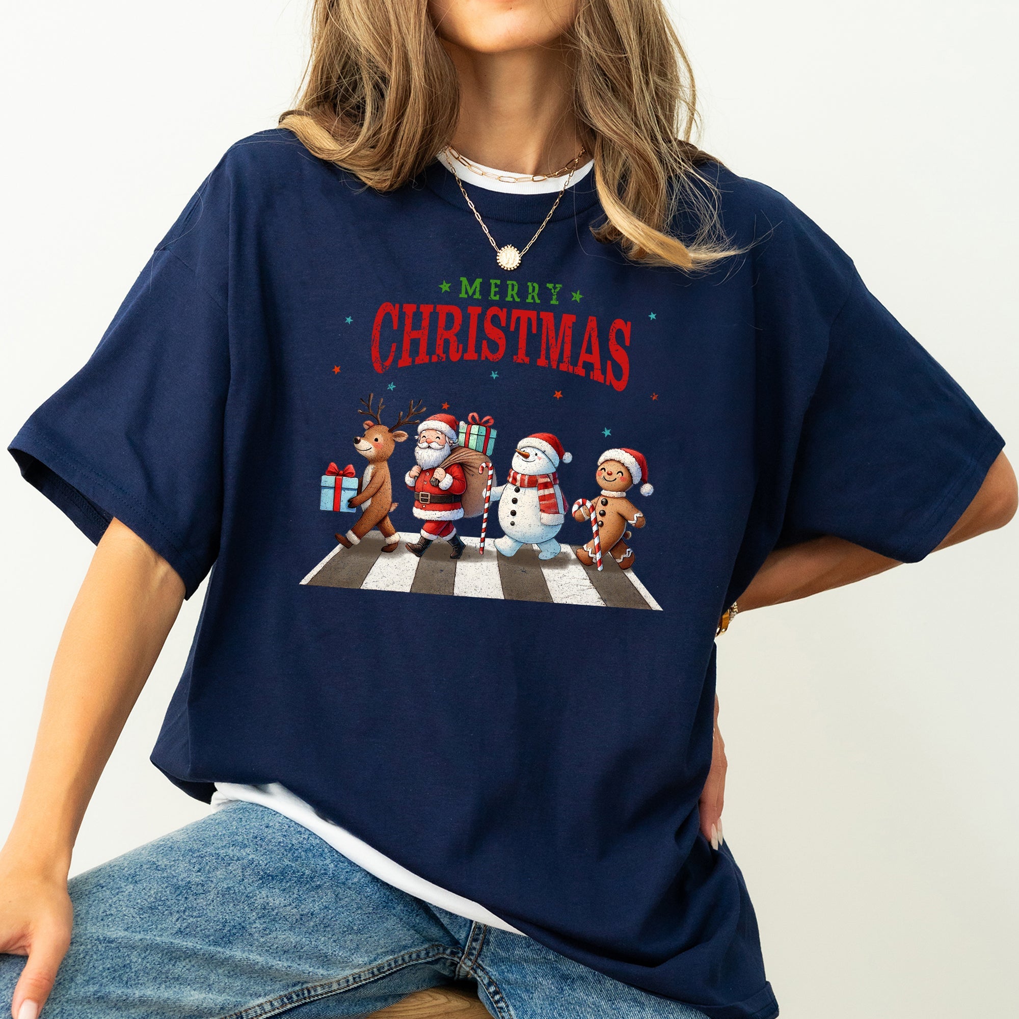 Merry Christmas Reindeer Santa Snowman Gingerbread Xmas Holiday Scene Comfort Colors Tee