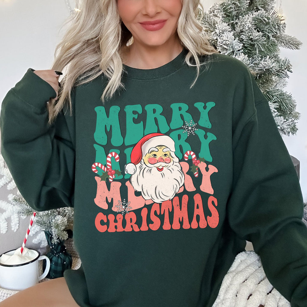 Merry Christmas Retro Santa Cozy Fleece Lined Vintage Graphic Holiday Artwork Series Sweatshirt