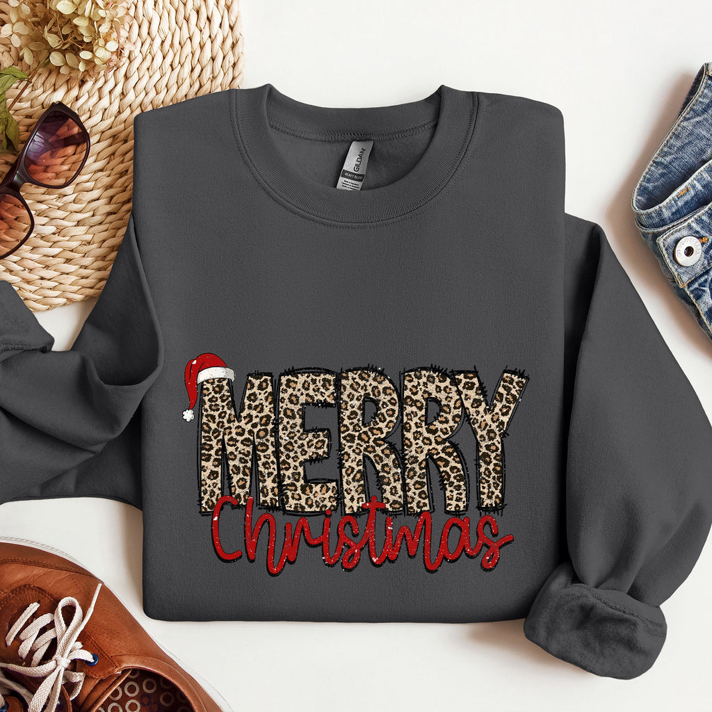 Merry Christmas, Retro Leopard Print Cozy Winter Holiday Graphic Festive Season Collection Sweatshirt