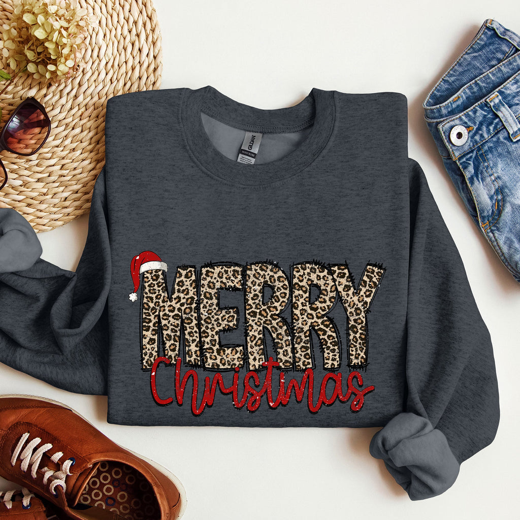 Merry Christmas, Retro Leopard Print Cozy Winter Holiday Graphic Festive Season Collection Sweatshirt