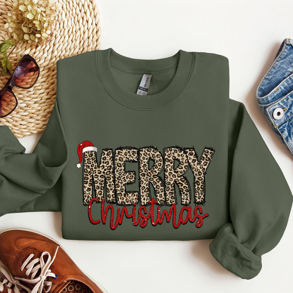 Merry Christmas, Retro Leopard Print Cozy Winter Holiday Graphic Festive Season Collection Sweatshirt