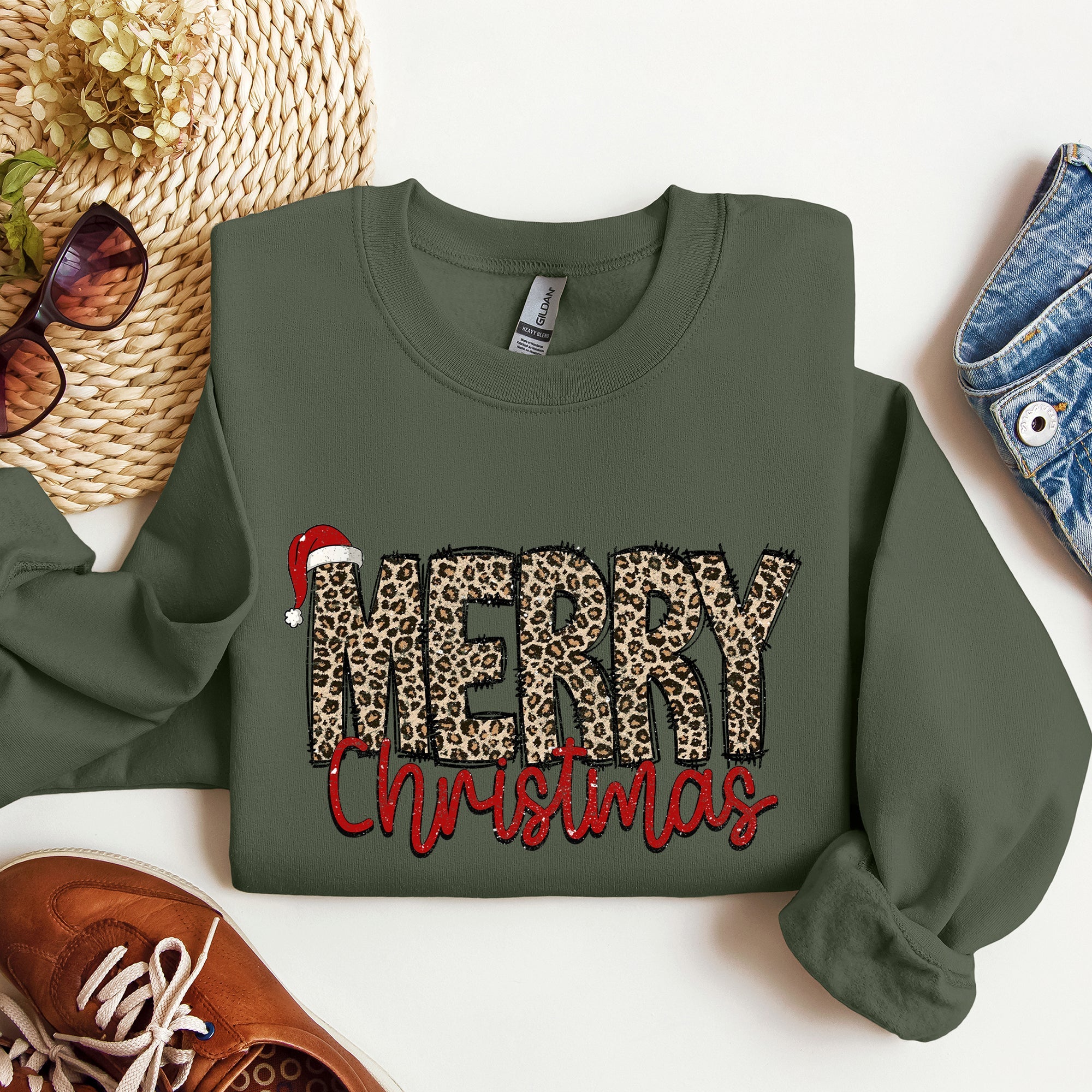 Merry Christmas, Retro Leopard Print Cozy Winter Holiday Graphic Festive Season Collection Sweatshirt