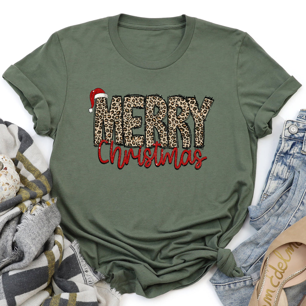 Merry Christmas Retro Leopard Print Cozy Soft Vintage-Inspired Holiday Graphic Tee