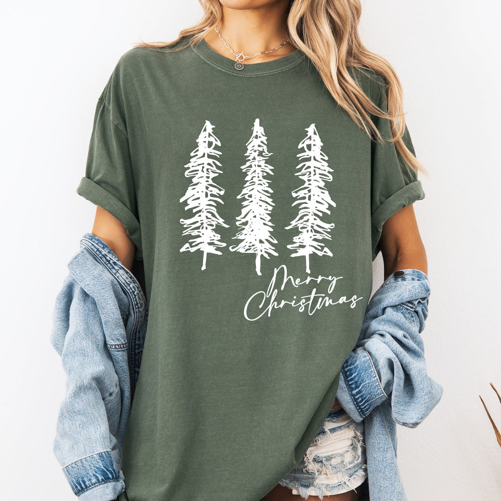 Merry Christmas Sketched Pine Trees Minimalist Winter Snow Scene Comfort Colors Tee