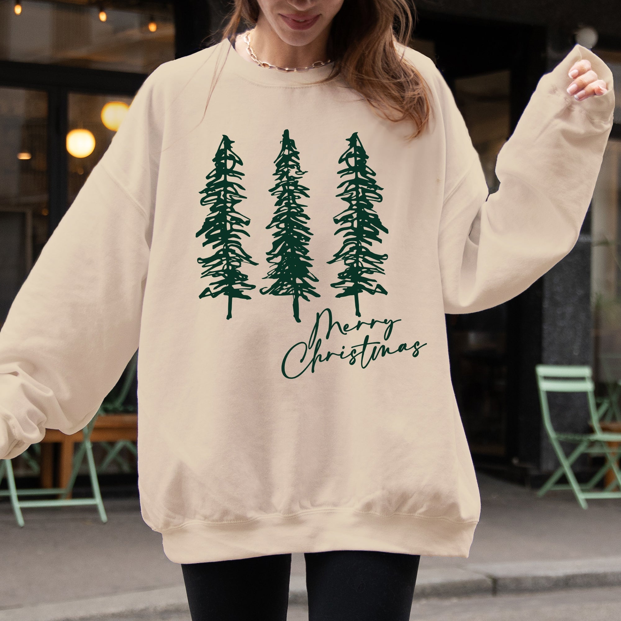 Merry Christmas Sketched Pine Trees Minimalist Winter Snow Xmas Cozy Cotton Blend Sweatshirt