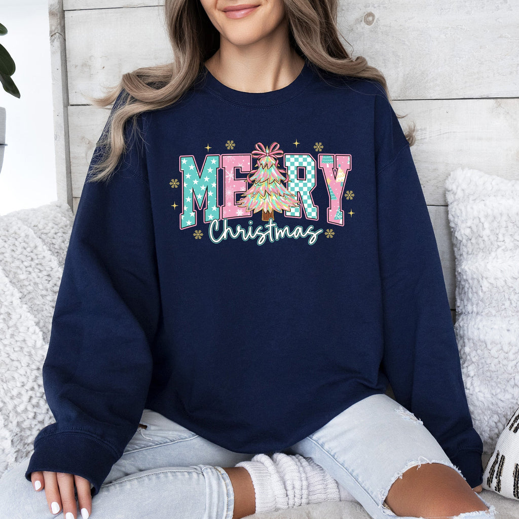 Merry Christmas Varsity Santa Christmas Tree Pink Pattern Retro Checkered Sweatshirt