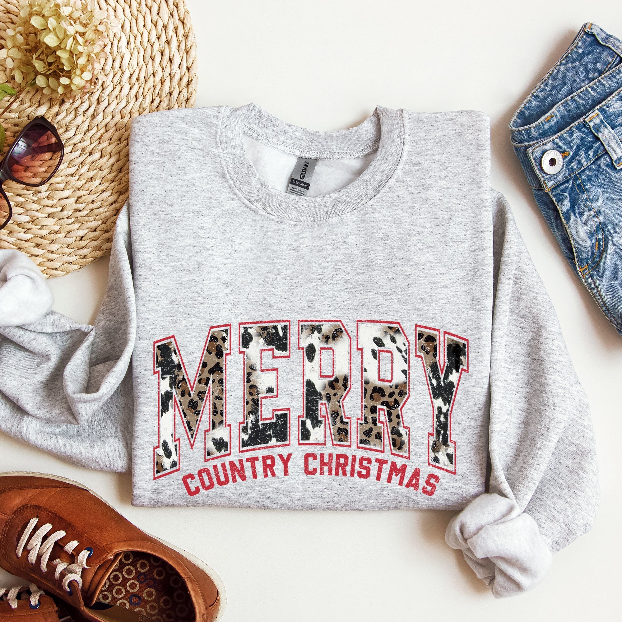Merry Country Christmas Collegiate Style Retro Fur Leopard Print Holiday Sweatshirt