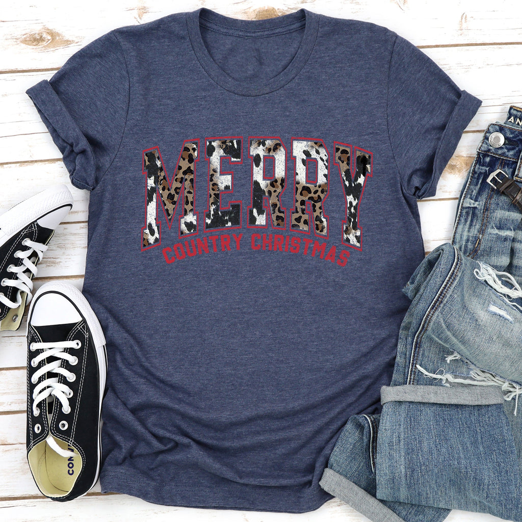 Merry Country Christmas Collegiate Retro Fur Leopard Print Ultra Soft Graphic Tee
