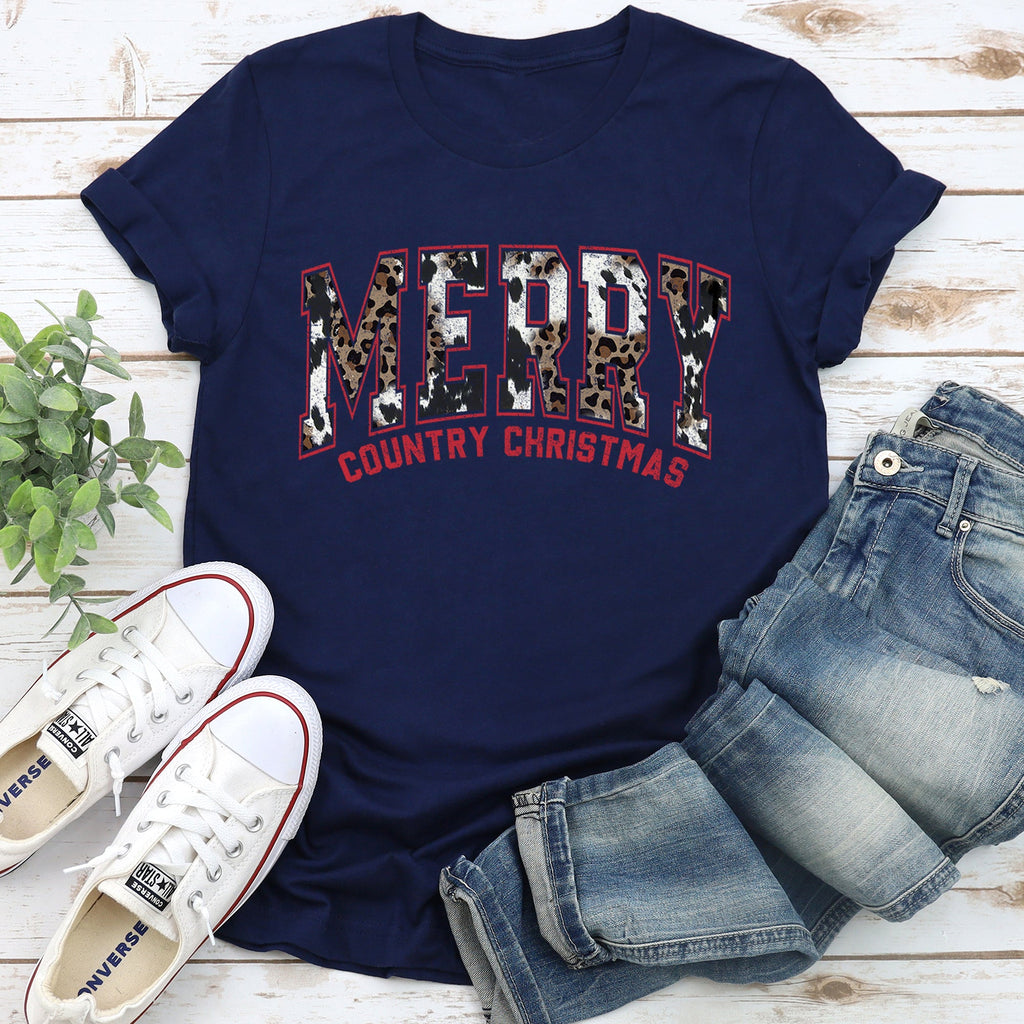 Merry Country Christmas Collegiate Retro Fur Leopard Print Ultra Soft Graphic Tee
