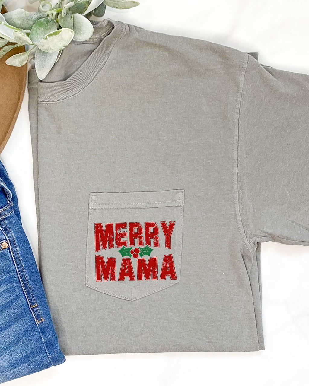 Merry Mama Pocket Christmas Santa Snow Xmas Holiday Cheer Family Style Comfort Colors Tee