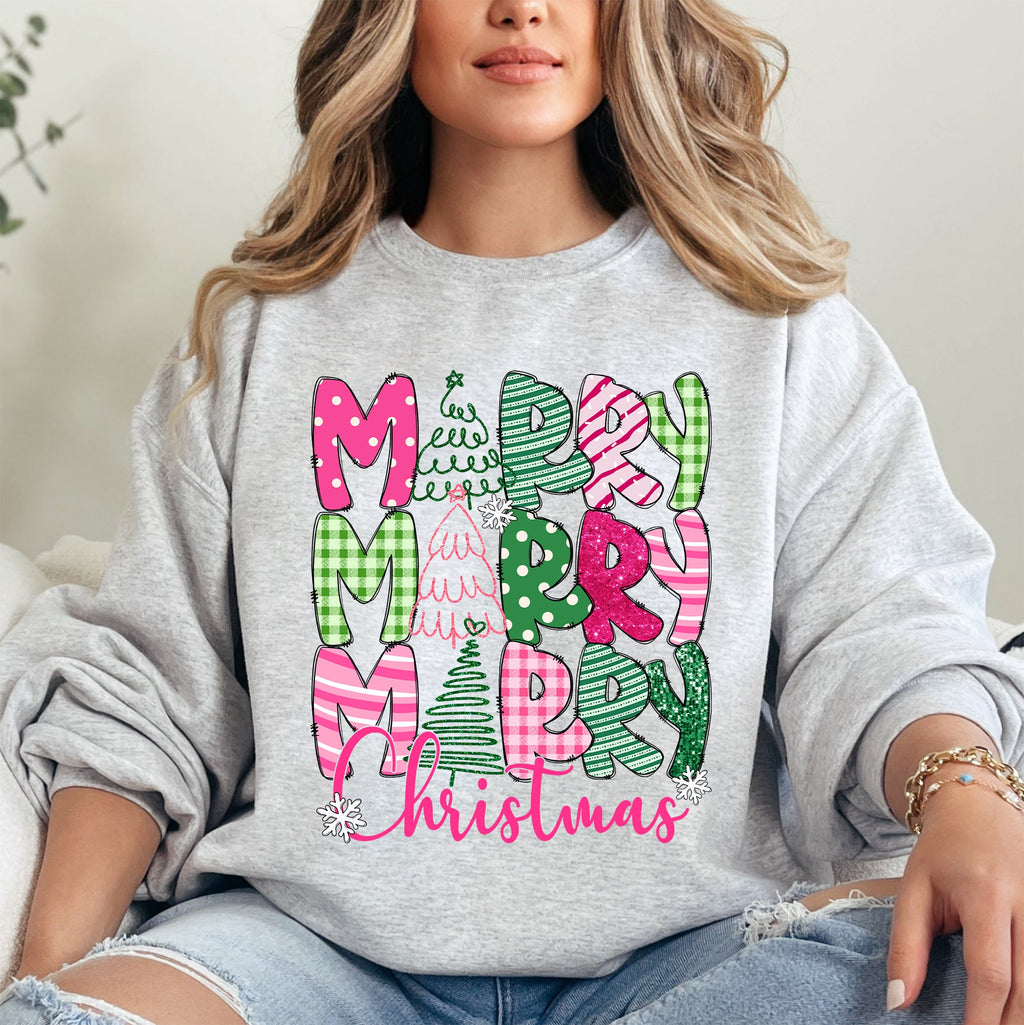 Merry Merry Merry Christmas Santa Xmas Colorful Patterns Holiday Cheer Sweatshirt