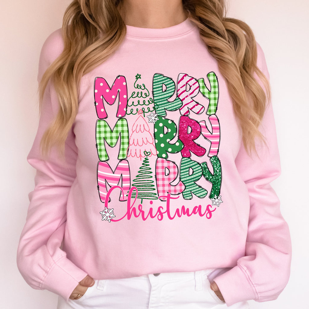 Merry Merry Merry Christmas Santa Xmas Colorful Patterns Holiday Cheer Sweatshirt