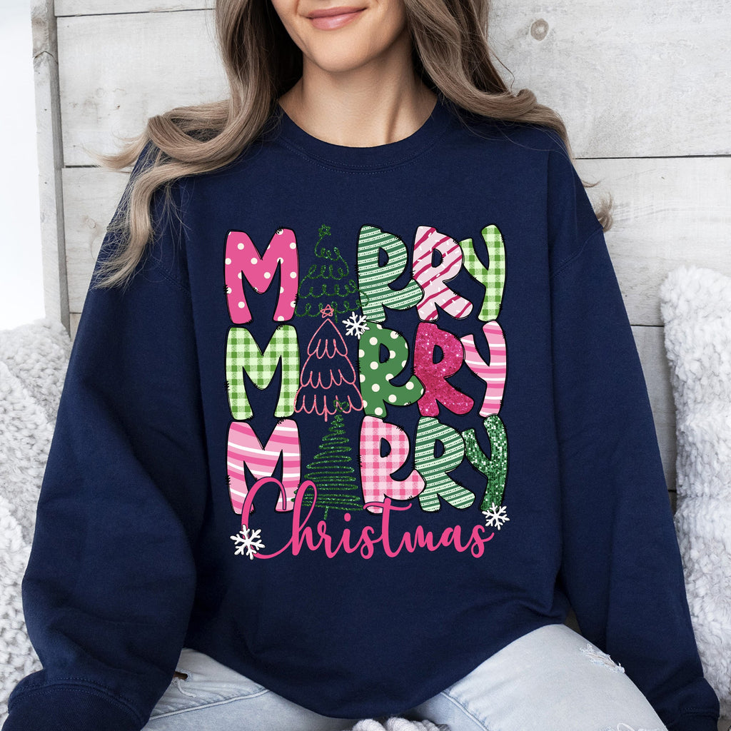 Merry Merry Merry Christmas Santa Xmas Colorful Patterns Holiday Cheer Sweatshirt