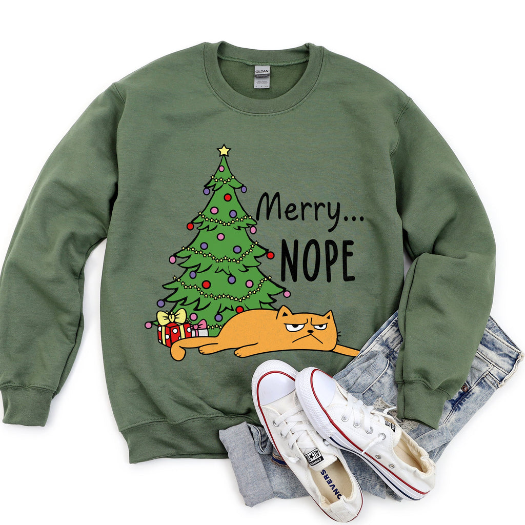 Merry Nope Cat Christmas Cozy Fleece Lined Holiday Humor Graphic Cat Lover Sweatshirt