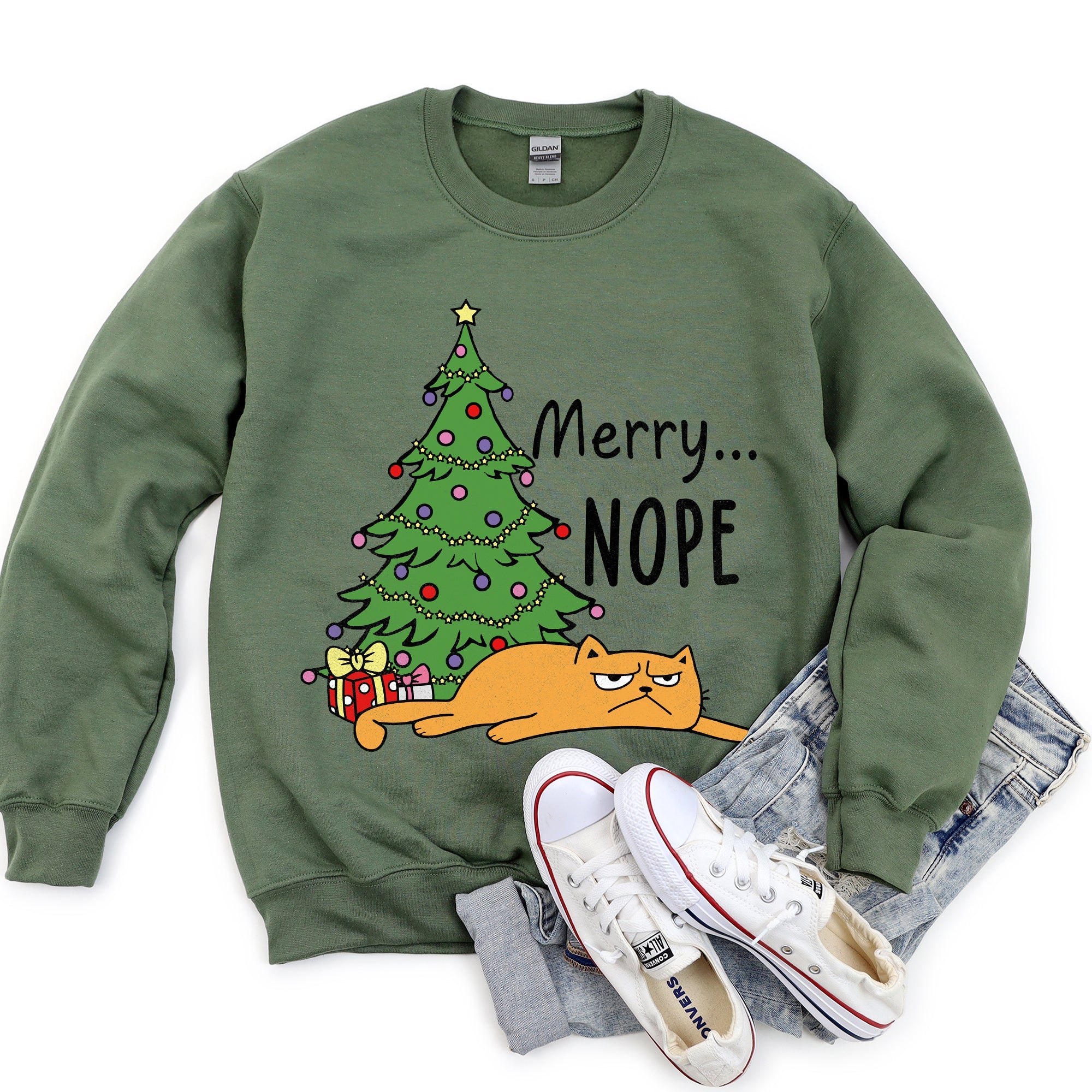 Merry Nope Cat Christmas Cozy Fleece Lined Holiday Humor Graphic Cat Lover Sweatshirt