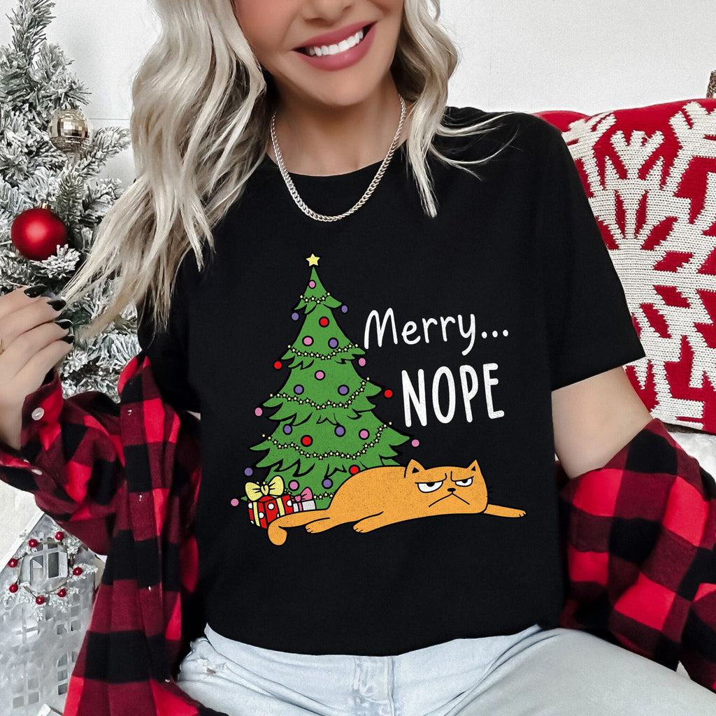 Merry Nope Funny Cat Christmas Holiday Humor Snarky Kitty Greeting Card Scene Graphic Tee