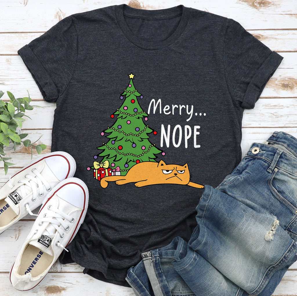 Merry Nope Funny Cat Christmas Holiday Humor Snarky Kitty Greeting Card Scene Graphic Tee