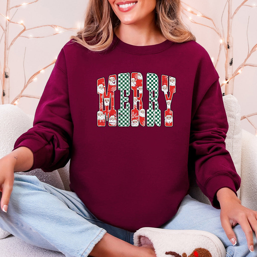 Merry Varsity Santa Checkered Christmas Vintage Edition Retro Holiday Sweatshirt