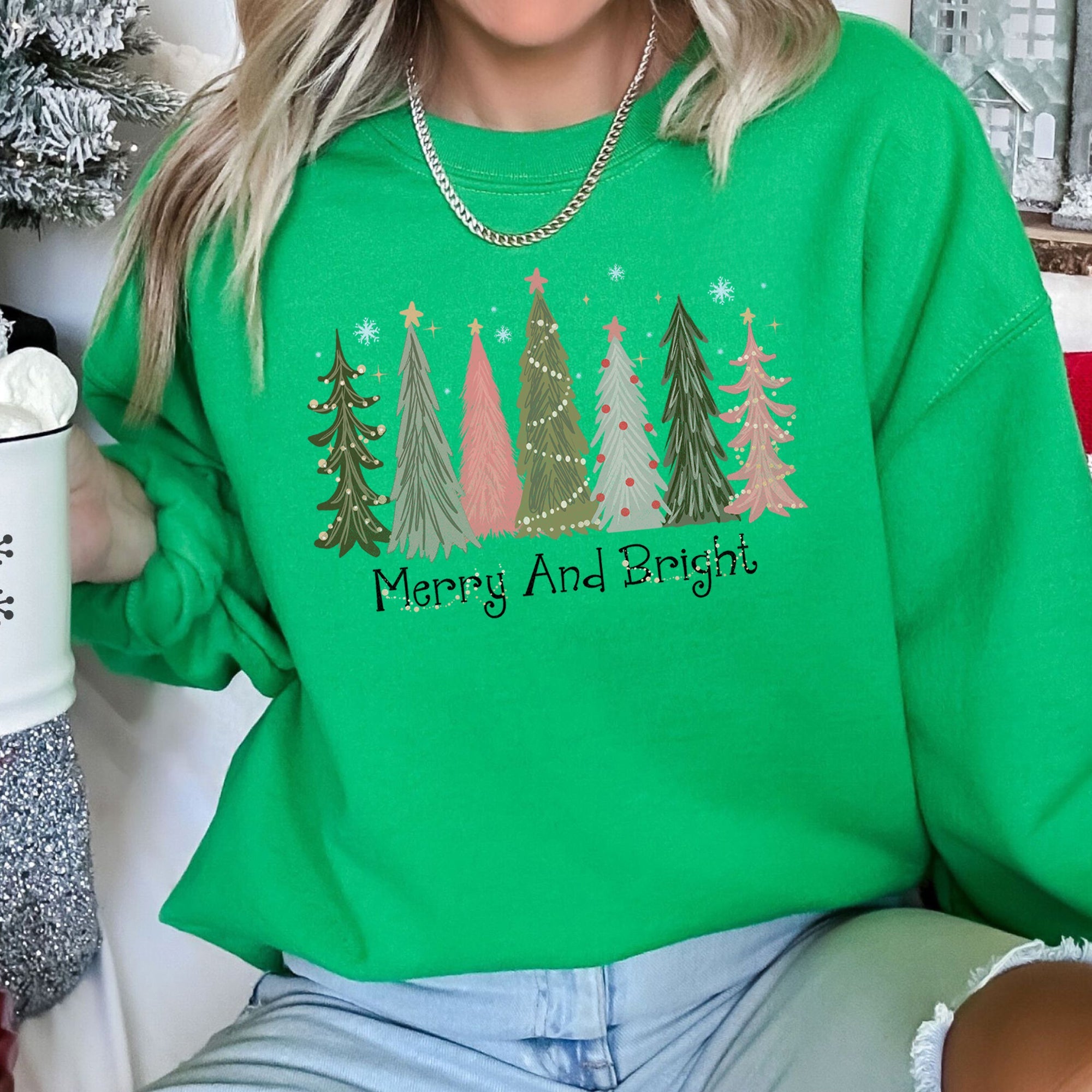 Merry And Bright Christmas Trees Festive Winter Forest Ornament Pattern With Lights Sweatshirt