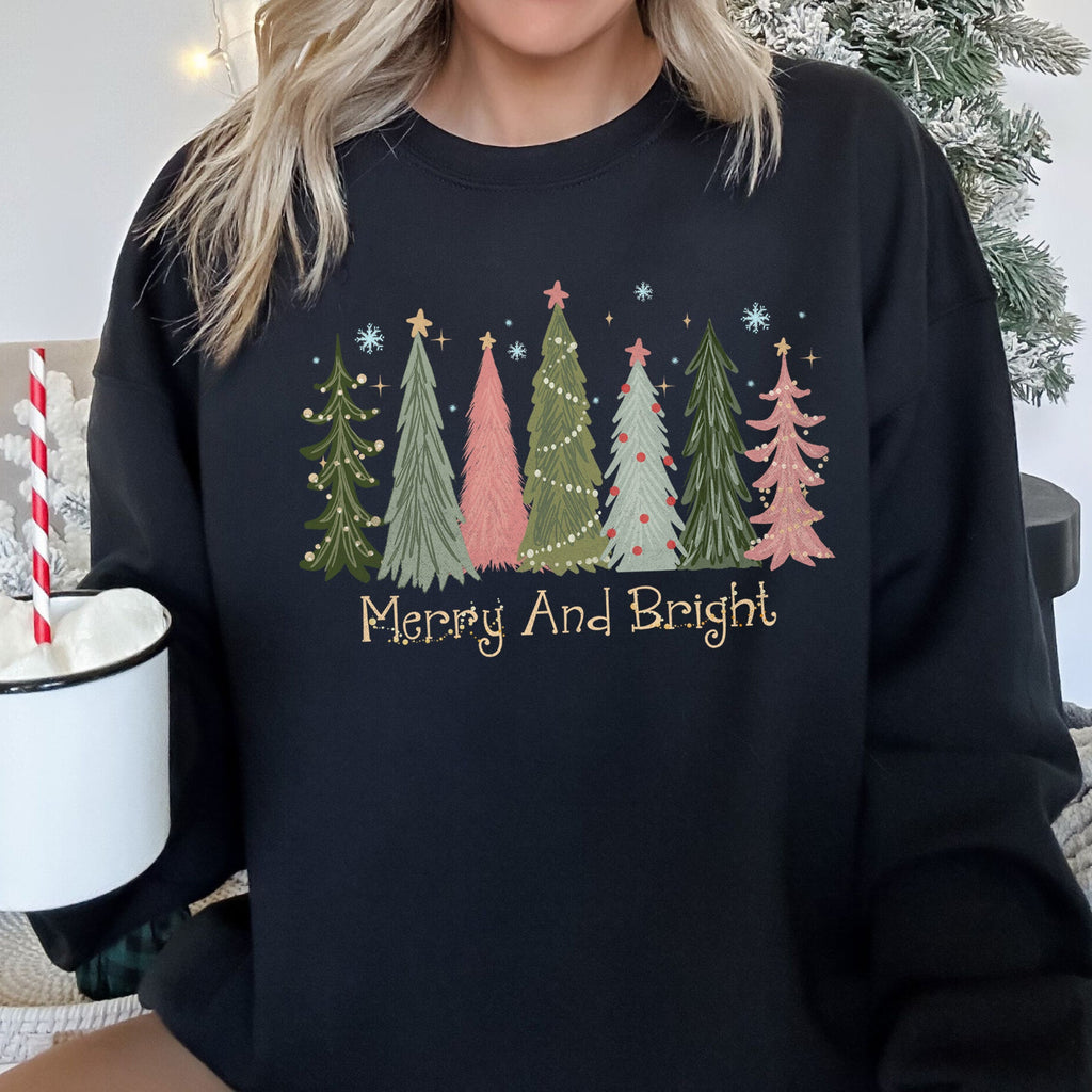 Merry And Bright Christmas Trees Festive Holiday Graphic Scene Cozy Fleece Sweatshirt